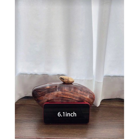 Marbled Tortoise Shell Pebble Clutch Bag Brown Acrylic Evening Bag Gold Chain - Picture 8 of 8